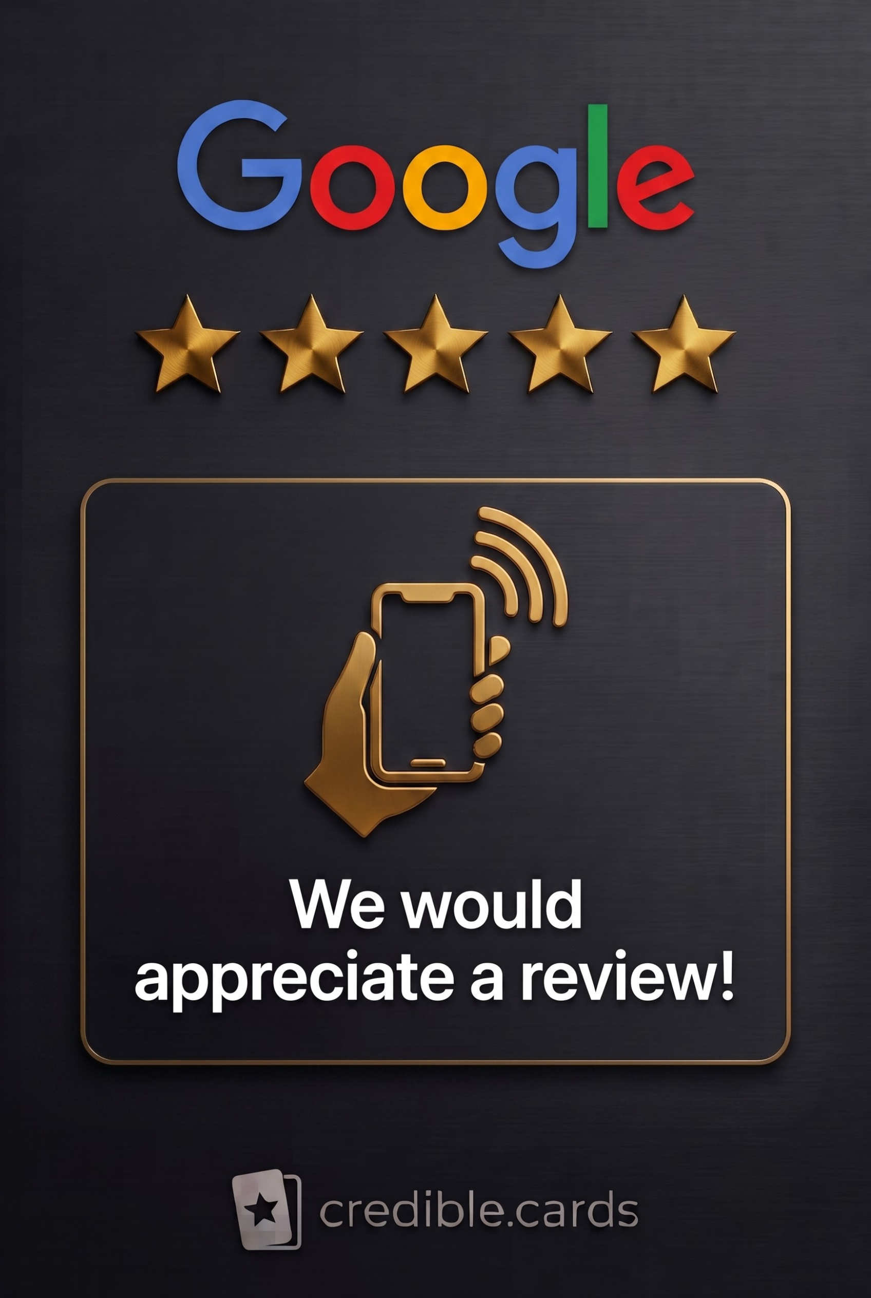 Credible Cards NFC review card featuring a Google five-star rating and a tap-to-review prompt